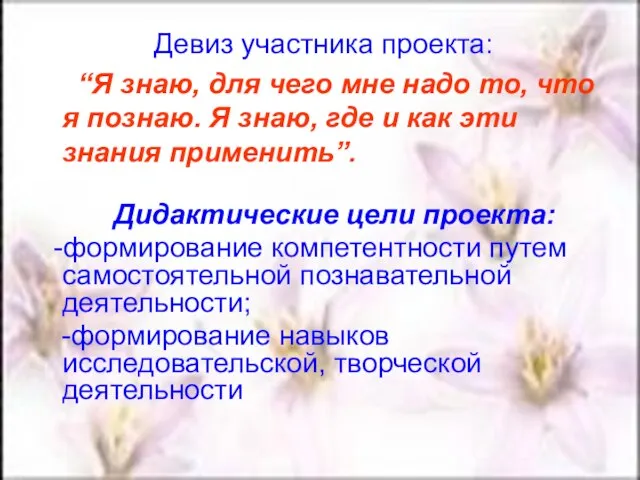 Девиз участника проекта: “Я знаю, для чего мне надо то, что я