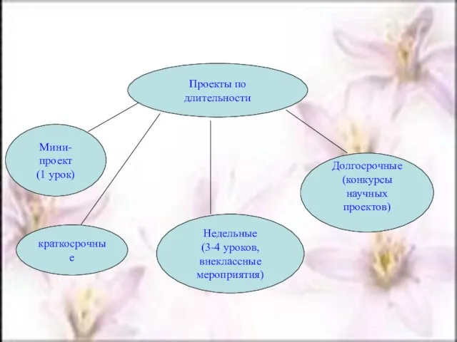 Проекты по длительности Мини-проект (1 урок) краткосрочные Долгосрочные (конкурсы научных проектов) Недельные (3-4 уроков, внеклассные мероприятия)