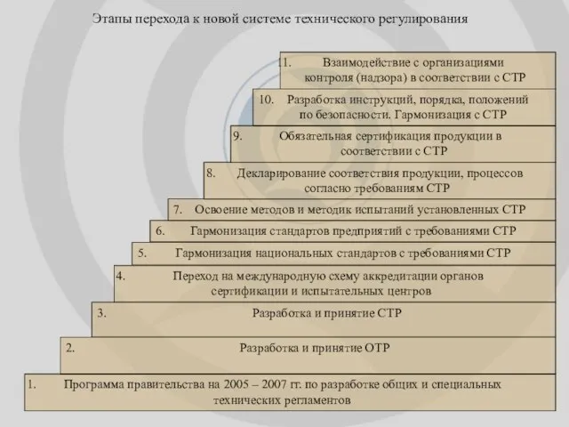 Этапы перехода к новой системе технического регулирования Программа правительства на 2005 –