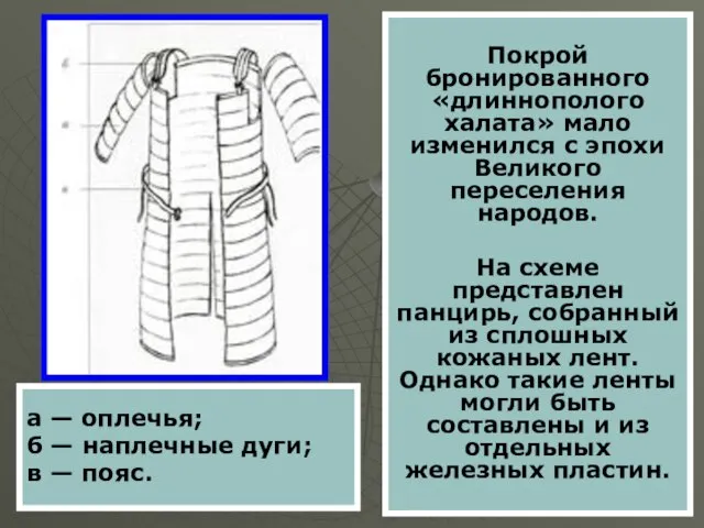 Покрой бронированного «длиннополого халата» мало изменился с эпохи Великого переселения народов. На