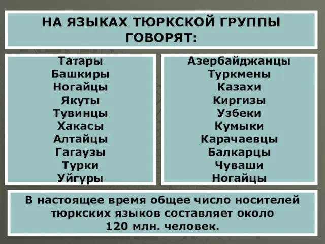 В настоящее время общее число носителей тюркских языков составляет около 120 млн.