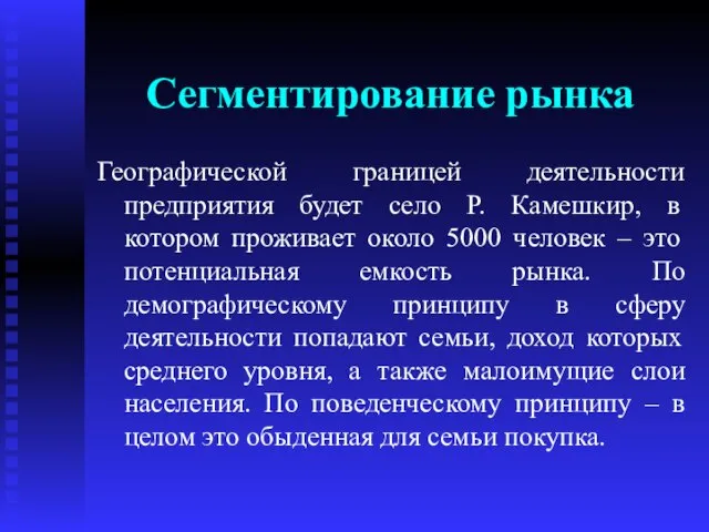 Сегментирование рынка Географической границей деятельности предприятия будет село Р. Камешкир, в котором