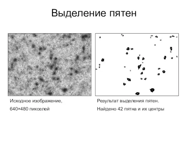 Выделение пятен Исходное изображение, 640×480 пикселей Результат выделения пятен. Найдено 42 пятна и их центры