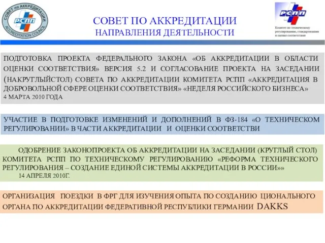 СОВЕТ ПО АККРЕДИТАЦИИ НАПРАВЛЕНИЯ ДЕЯТЕЛЬНОСТИ ПОДГОТОВКА ПРОЕКТА ФЕДЕРАЛЬНОГО ЗАКОНА «ОБ АККРЕДИТАЦИИ В