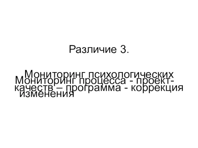 Различие 3. Мониторинг психологических качеств – программа - коррекция Мониторинг процесса - проект- изменения