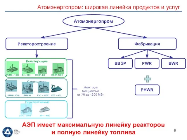 Атомэнергопром: широкая линейка продуктов и услуг АЭП имеет максимальную линейку реакторов и
