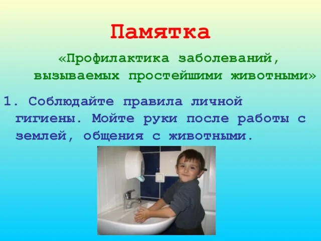 Памятка «Профилактика заболеваний, вызываемых простейшими животными» 1. Соблюдайте правила личной гигиены. Мойте