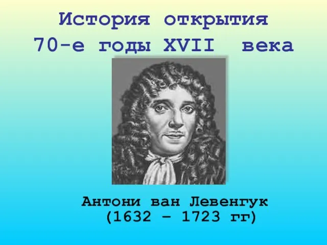 История открытия 70-е годы XVII века Антони ван Левенгук (1632 – 1723 гг)