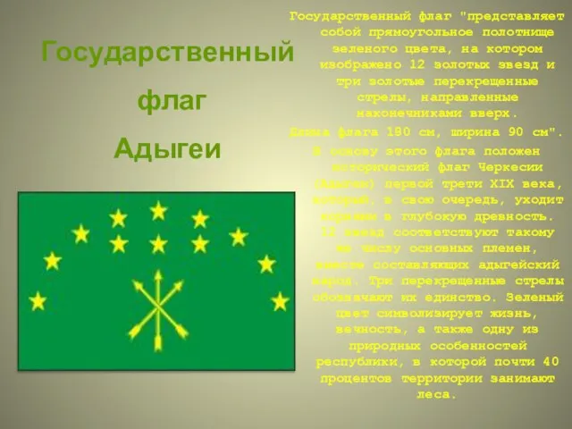 Государственный флаг "представляет собой прямоугольное полотнище зеленого цвета, на котором изображено 12