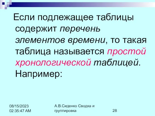 А.В.Сиденко Сводка и группировка 08/15/2023 02:35:47 AM Если подлежащее таблицы содержит перечень