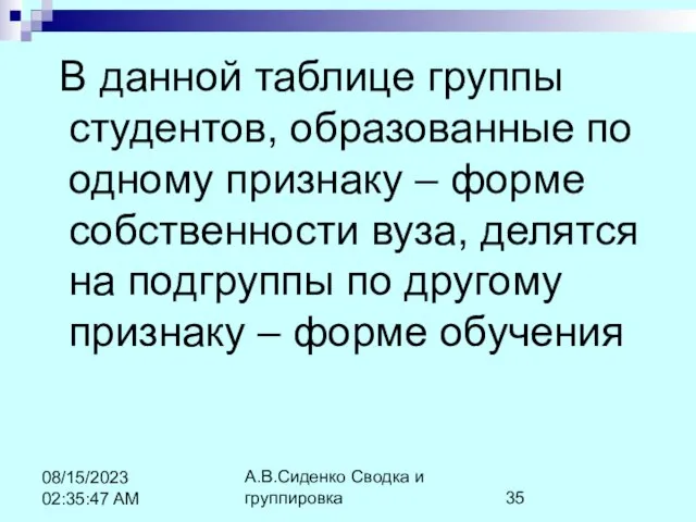 А.В.Сиденко Сводка и группировка 08/15/2023 02:35:47 AM В данной таблице группы студентов,