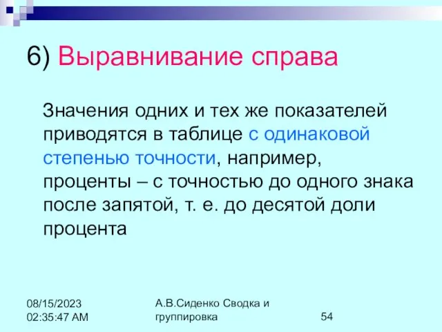 А.В.Сиденко Сводка и группировка 08/15/2023 02:35:47 AM 6) Выравнивание справа Значения одних