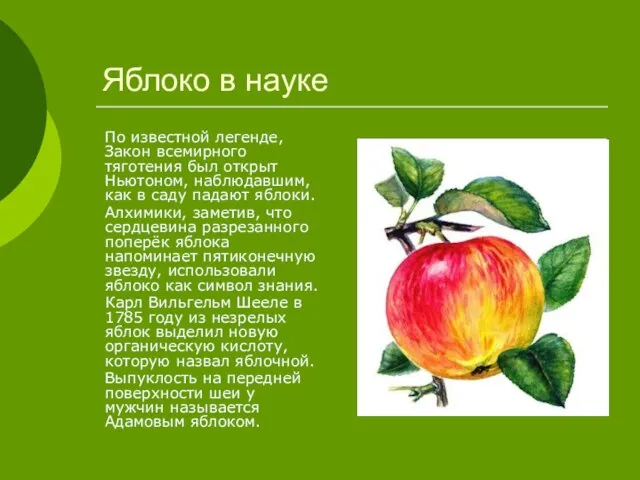 Яблоко в науке По известной легенде, Закон всемирного тяготения был открыт Ньютоном,