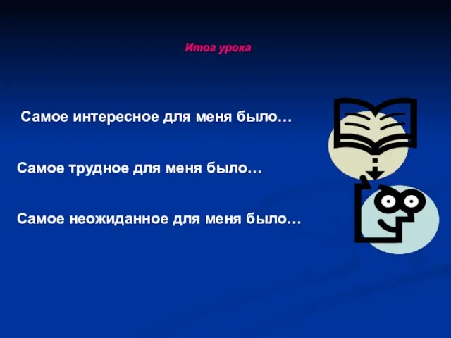 Итог урока Самое интересное для меня было… Самое трудное для меня было…