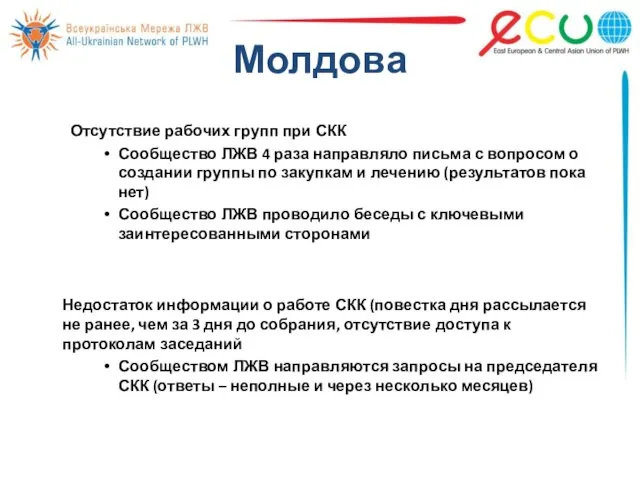 Молдова Отсутствие рабочих групп при СКК Сообщество ЛЖВ 4 раза направляло письма