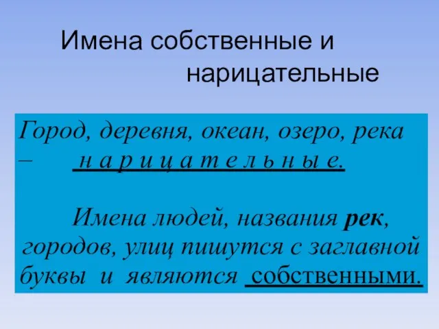 Имена собственные и нарицательные Город, деревня, океан, озеро, река – н а