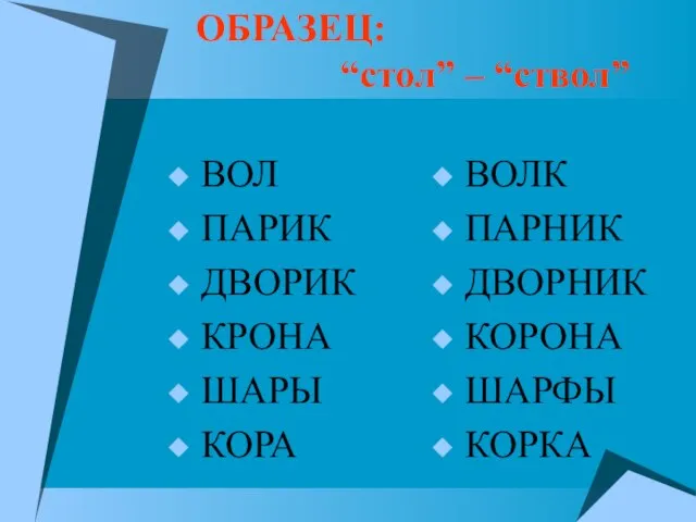 ВОЛ ПАРИК ДВОРИК КРОНА ШАРЫ КОРА ВОЛК ПАРНИК ДВОРНИК КОРОНА ШАРФЫ КОРКА ОБРАЗЕЦ: “стол” – “ствол”