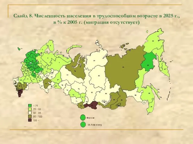 Слайд 8. Численность населения в трудоспособном возрасте в 2025 г., в %