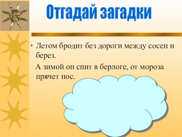 Летом бродит без дороги между сосен и берез. А зимой он спит