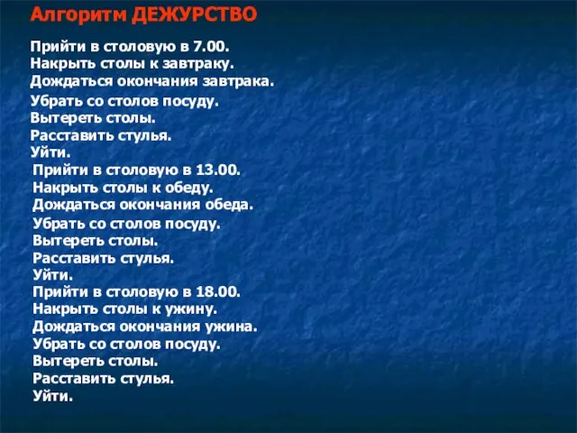 Прийти в столовую в 7.00. Накрыть столы к завтраку. Дождаться окончания завтрака.