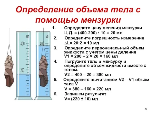 Определение объема тела с помощью мензурки Определите цену деления мензурки Ц.Д. =