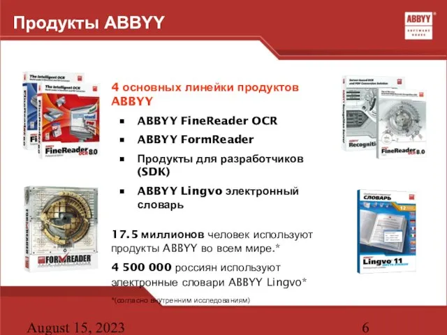 August 15, 2023 Продукты ABBYY 4 основных линейки продуктов ABBYY ABBYY FineReader