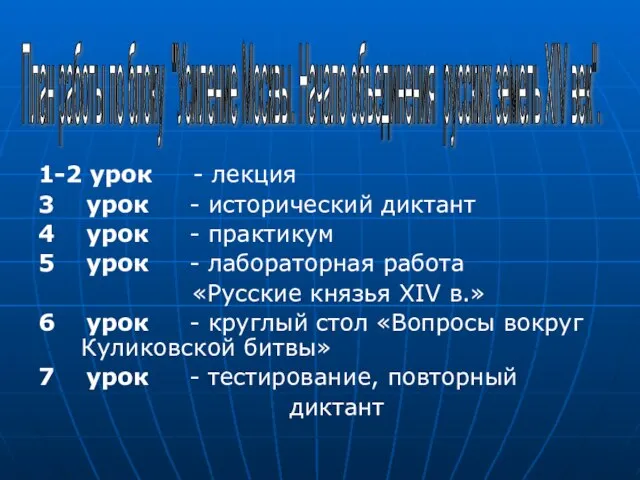 1-2 урок - лекция 3 урок - исторический диктант 4 урок -