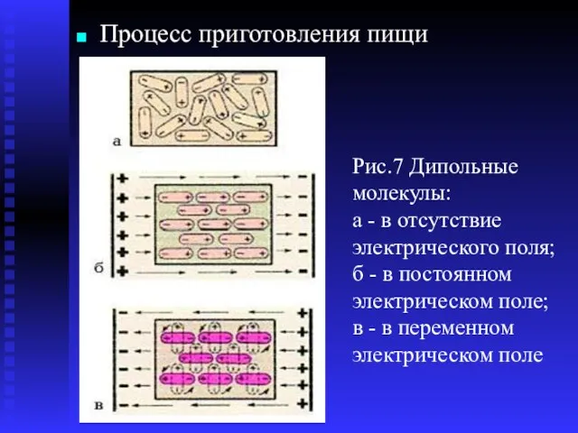 Рис.7 Дипольные молекулы: а - в отсутствие электрического поля; б - в