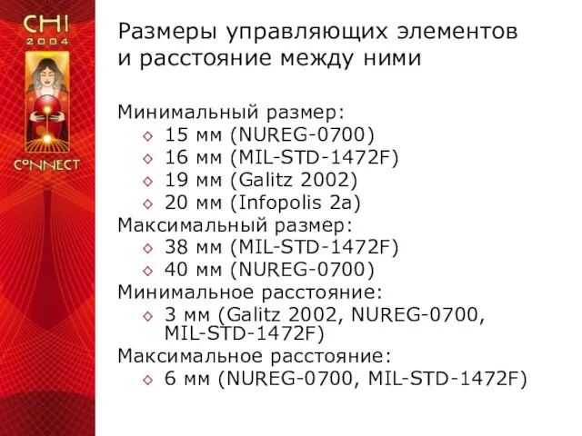 Размеры управляющих элементов и расстояние между ними Минимальный размер: 15 мм (NUREG-0700)