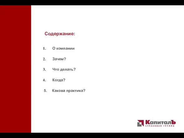 Содержание: О компании Зачем? Что делать? Когда? 5. Какова практика?