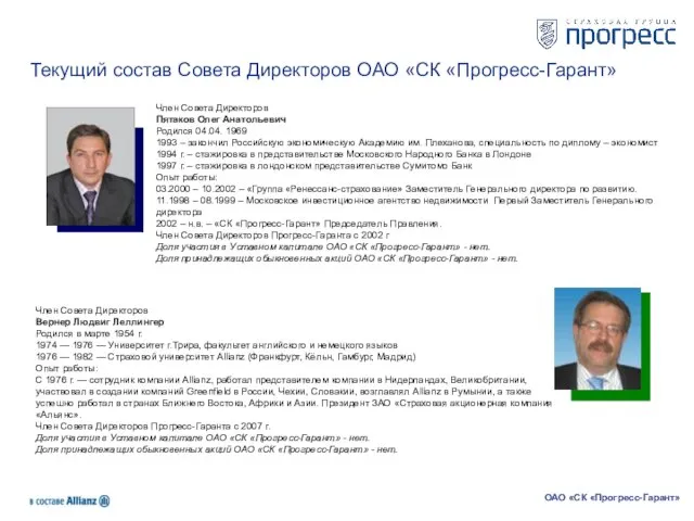 Текущий состав Совета Директоров ОАО «СК «Прогресс-Гарант» ОАО «СК «Прогресс-Гарант» Член Совета