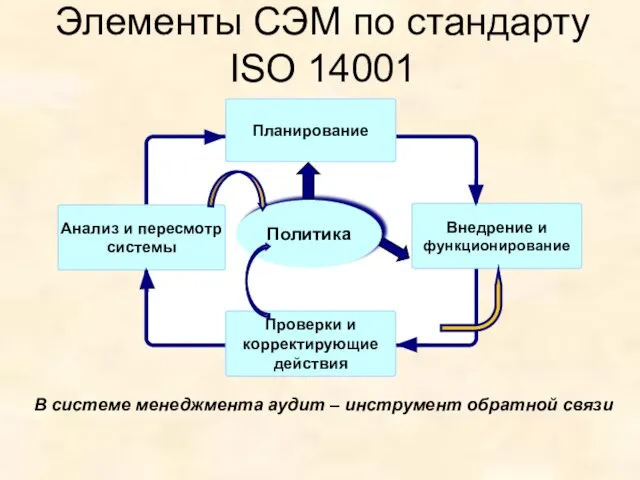 Элементы СЭМ по стандарту ISO 14001 В системе менеджмента аудит – инструмент обратной связи