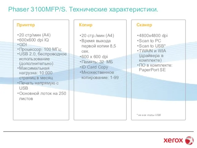 Phaser 3100MFP/S. Технические характеристики. Принтер 20 стр/мин (A4) 600x600 dpi IQ GDI