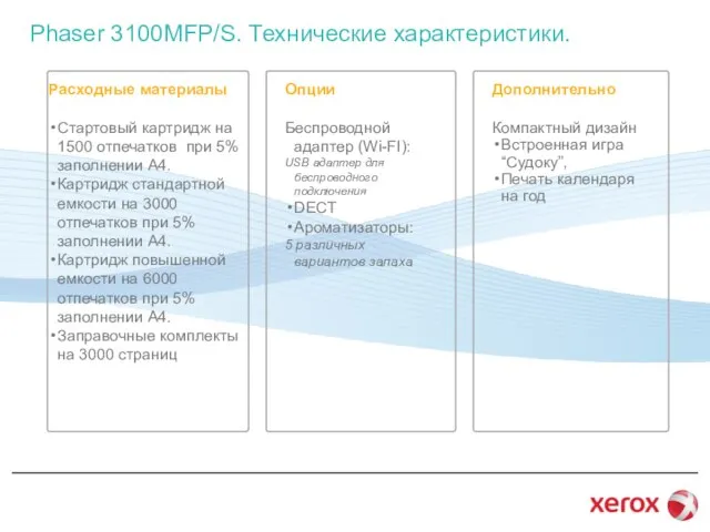 Phaser 3100MFP/S. Технические характеристики. Расходные материалы Стартовый картридж на 1500 отпечатков при