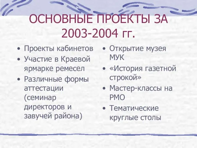 ОСНОВНЫЕ ПРОЕКТЫ ЗА 2003-2004 гг. Проекты кабинетов Участие в Краевой ярмарке ремесел