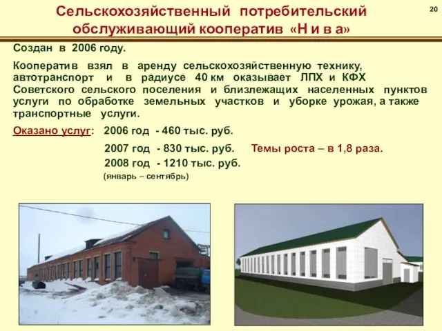 Создан в 2006 году. Кооператив взял в аренду сельскохозяйственную технику, автотранспорт и