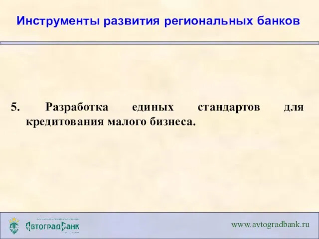 Разработка единых стандартов для кредитования малого бизнеса. www.avtogradbank.ru Инструменты развития региональных банков