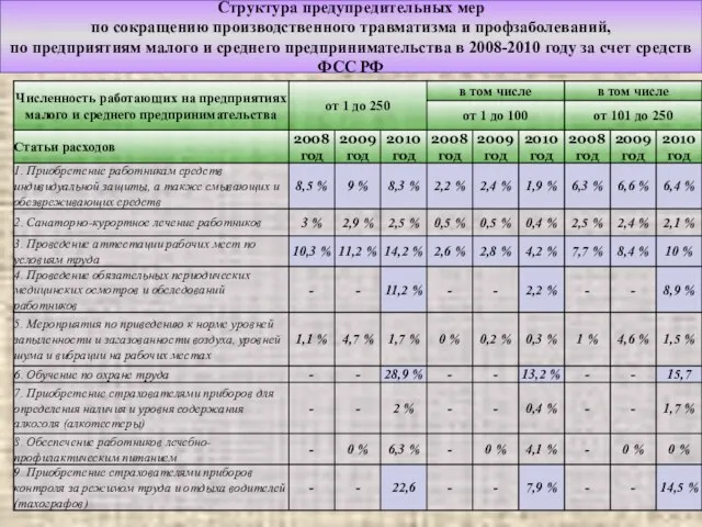 Структура предупредительных мер по сокращению производственного травматизма и профзаболеваний, по предприятиям малого