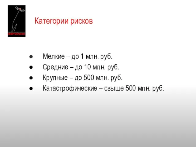 Категории рисков Мелкие – до 1 млн. руб. Средние – до 10