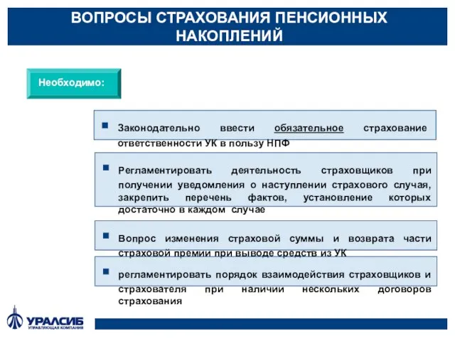 ВОПРОСЫ СТРАХОВАНИЯ ПЕНСИОННЫХ НАКОПЛЕНИЙ Необходимо: Законодательно ввести обязательное страхование ответственности УК в