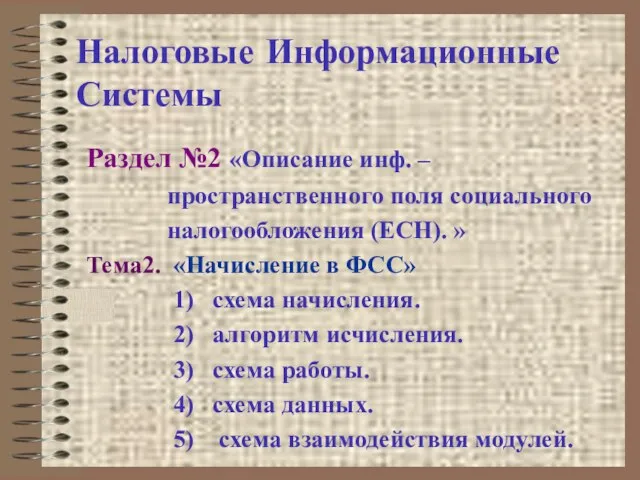 Налоговые Информационные Системы Раздел №2 «Описание инф. – пространственного поля социального налогообложения