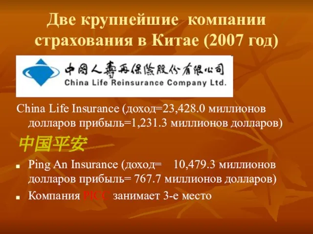 Две крупнейшие компании страхования в Китае (2007 год) China Life Insurance (доход=23,428.0