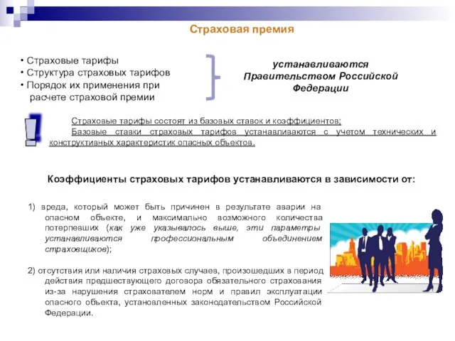 Страховая премия Коэффициенты страховых тарифов устанавливаются в зависимости от: Страховые тарифы Структура