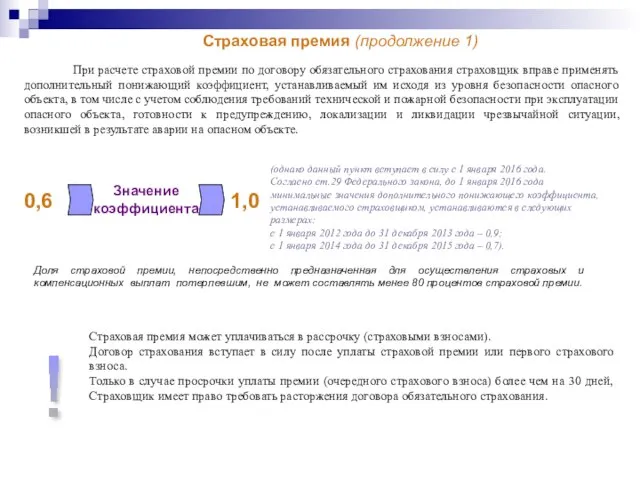 Страховая премия (продолжение 1) При расчете страховой премии по договору обязательного страхования