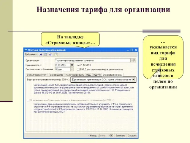 Назначения тарифа для организации … указывается вид тарифа для исчисления страховых взносов