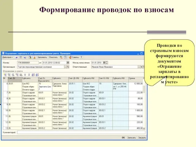 Формирование проводок по взносам Проводки по страховым взносам формируются документом «Отражение зарплаты в регламентированном учете»