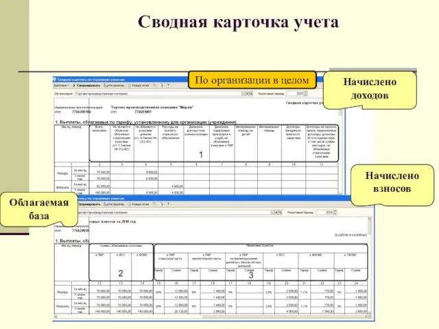 Сводная карточка учета Начислено доходов Облагаемая база Начислено взносов По организации в целом