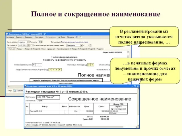 Полное и сокращенное наименование В регламентированных отчетах всегда указывается полное наименование, …