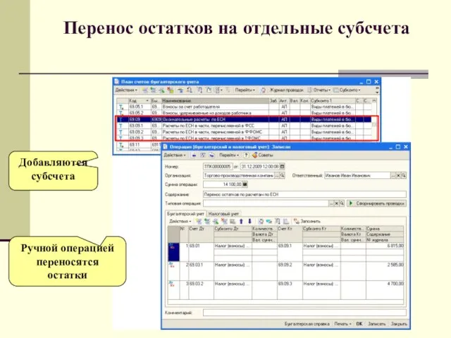 Перенос остатков на отдельные субсчета Добавляются субсчета Ручной операцией переносятся остатки