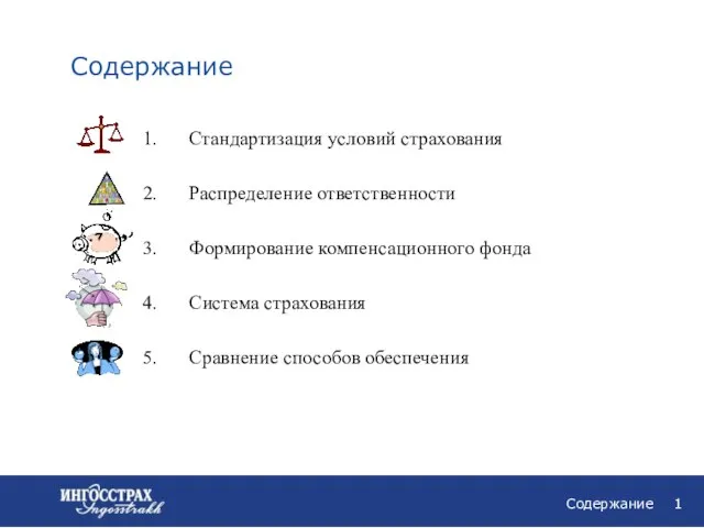 Содержание Содержание Стандартизация условий страхования Распределение ответственности Формирование компенсационного фонда Система страхования Сравнение способов обеспечения